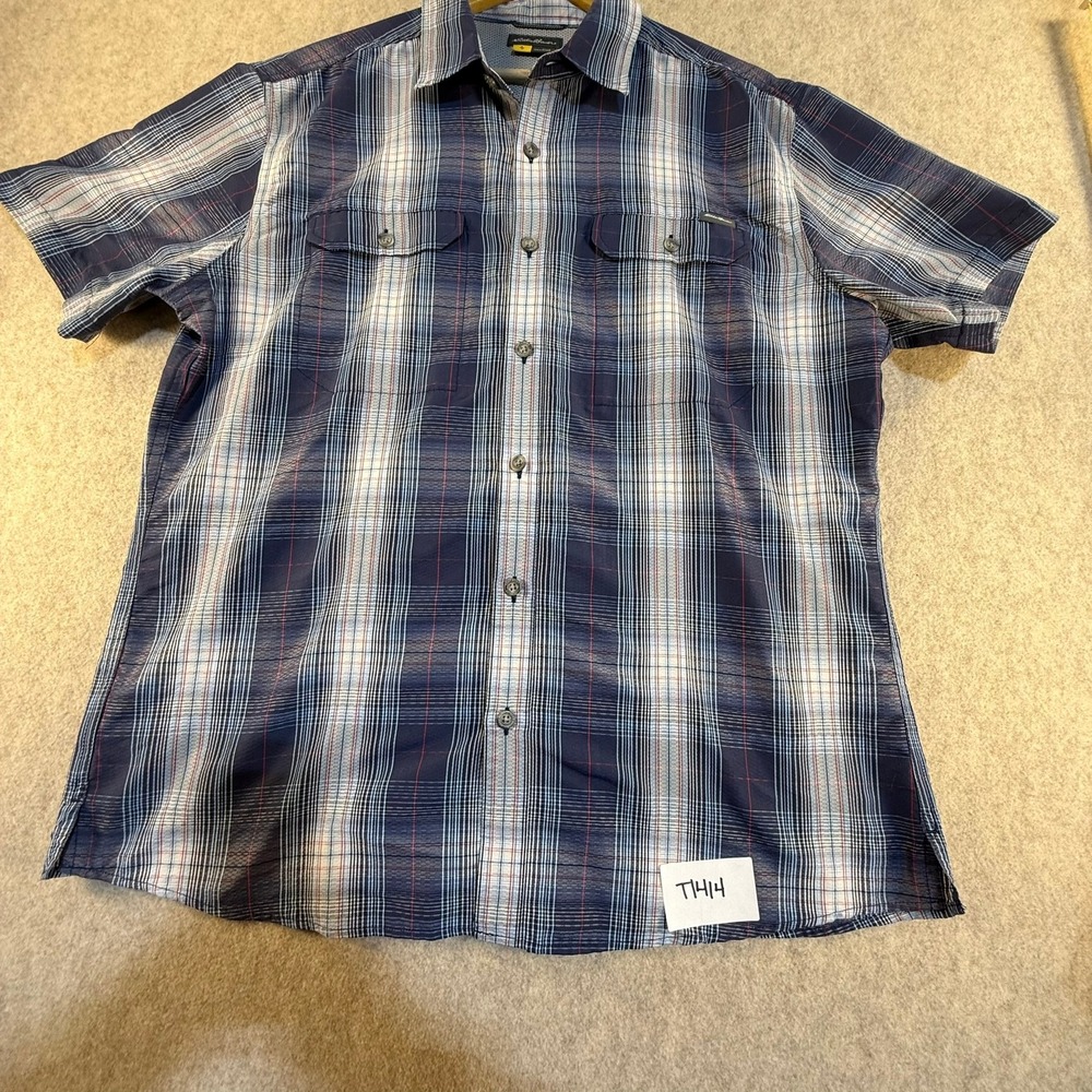 Eddie‎ Bauer Mens Large Blue Plaid Short Sleeve Hiking Fishing Button Down Shirt